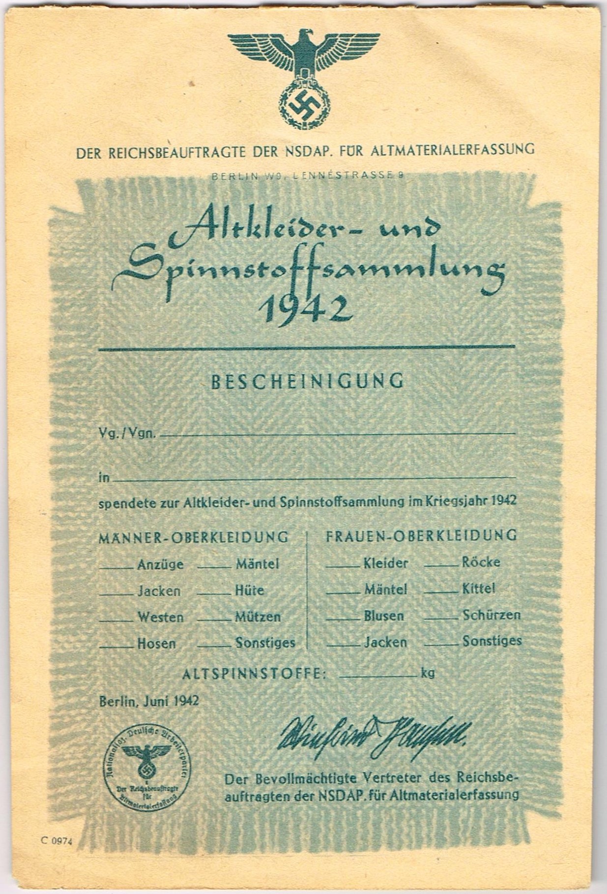 Photo Altkleider- und Spinnstoffsammlung 1942 - Bescheinigung - Der Reichsbeauftragte der NSDAP für Altmaterialerfassung